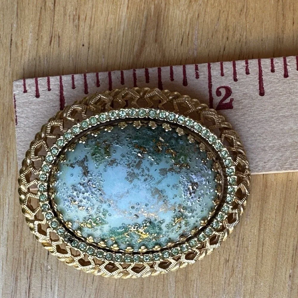 VTG DeNicola‎ Statement Brooch 2.25 Inch Green Easter Egg Cab Rhinestones Gold